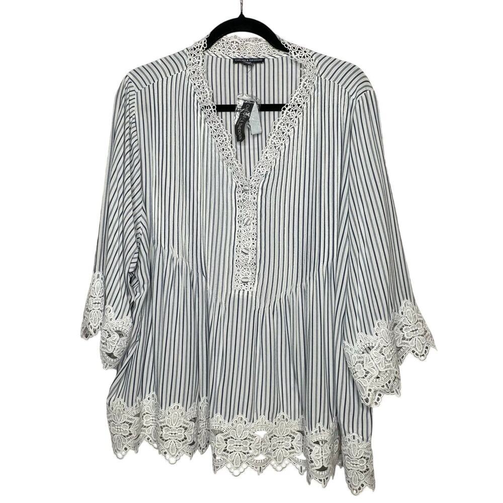 Chelsea & Theodore Blue Striped Cottage Coastal Lace Popover Blouse Top 1X New